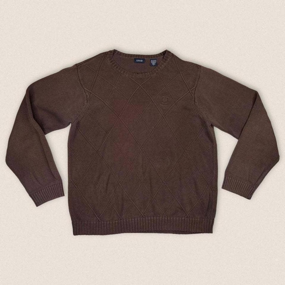 Vintage Grandpa Sweater Izod Brown Cotton Crew neck diamond Size Large‎